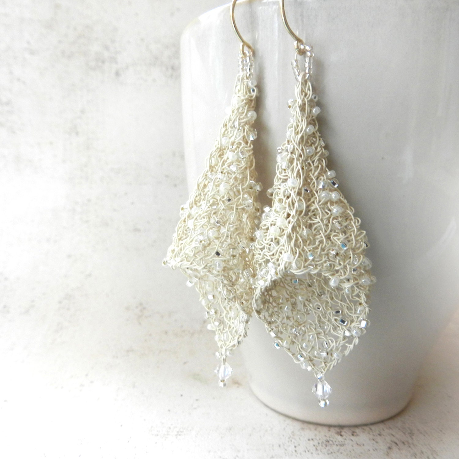 Wire Earrings, Bridal Earrings, Wire Crochet Jewelry, Wedding Jewelry, Renaissance Jewelry, Antique White Jewelry, Ivory Beaded Earrings