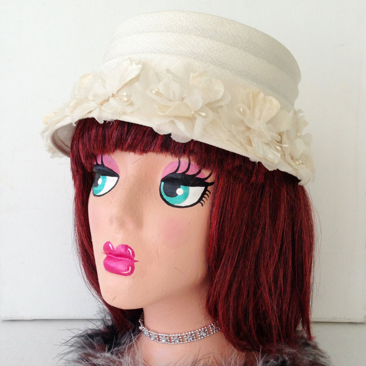 Ivory White Pillbox Wedding Hat - Vintage Millinery Flowers - Weddings and Bridal