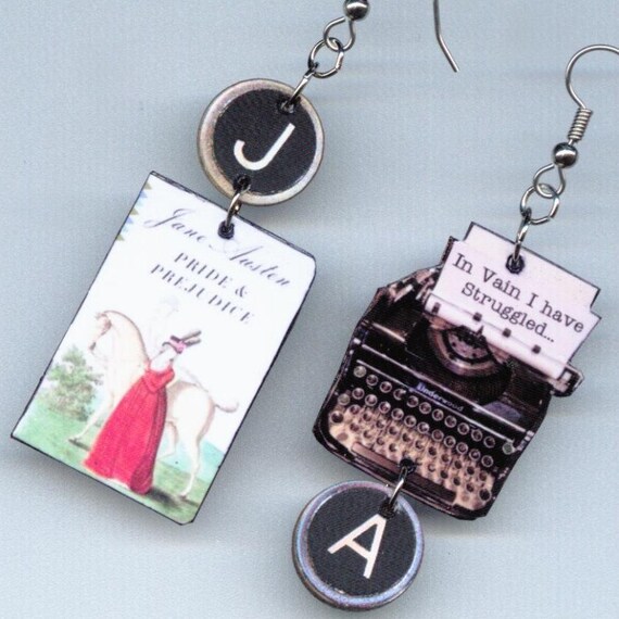 Pride and Prejudice EARRINGS Jane Austen quote vintage Typewriter