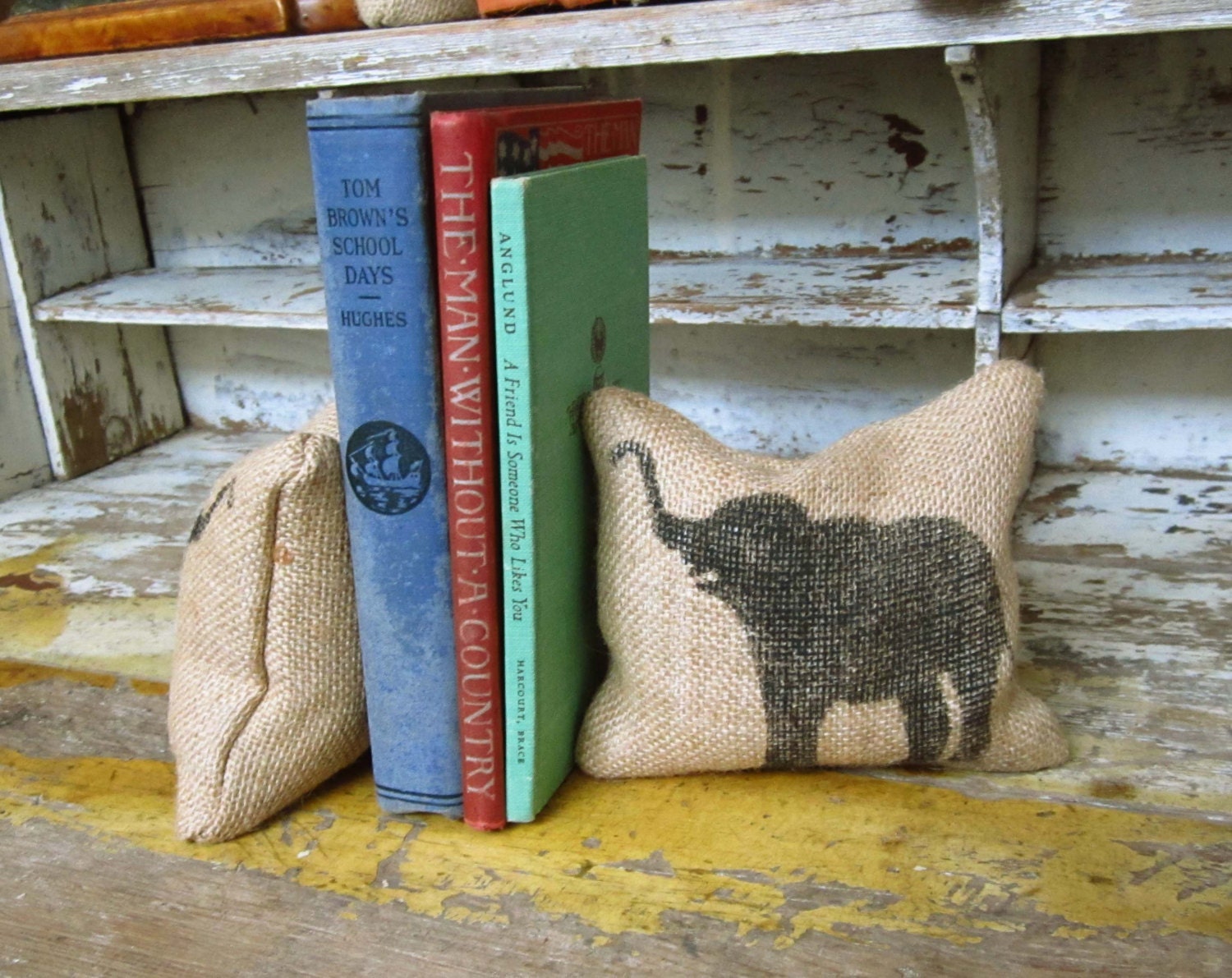 Miss Baba the Circus Elephant-  - Petit Feed Sack Pillow Pair - Unique paper weight, bookends, pin cushion, etc