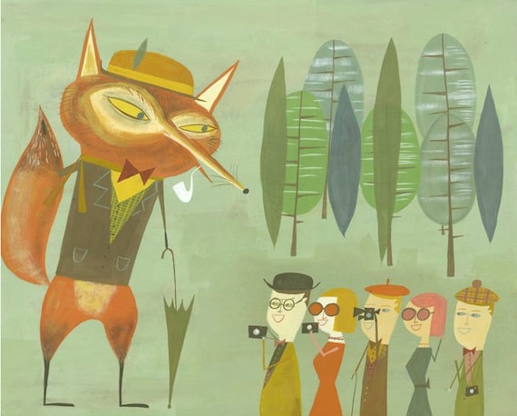 The crafty fox entertains visitors. Limited edition 13x19 print by Matte Stephens.