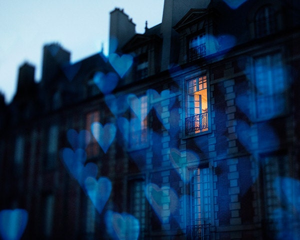 Blue Valentine - Blue Hearts, Color Photography, Paris Apartment Window at Night, Romantic Photo, Urban Love