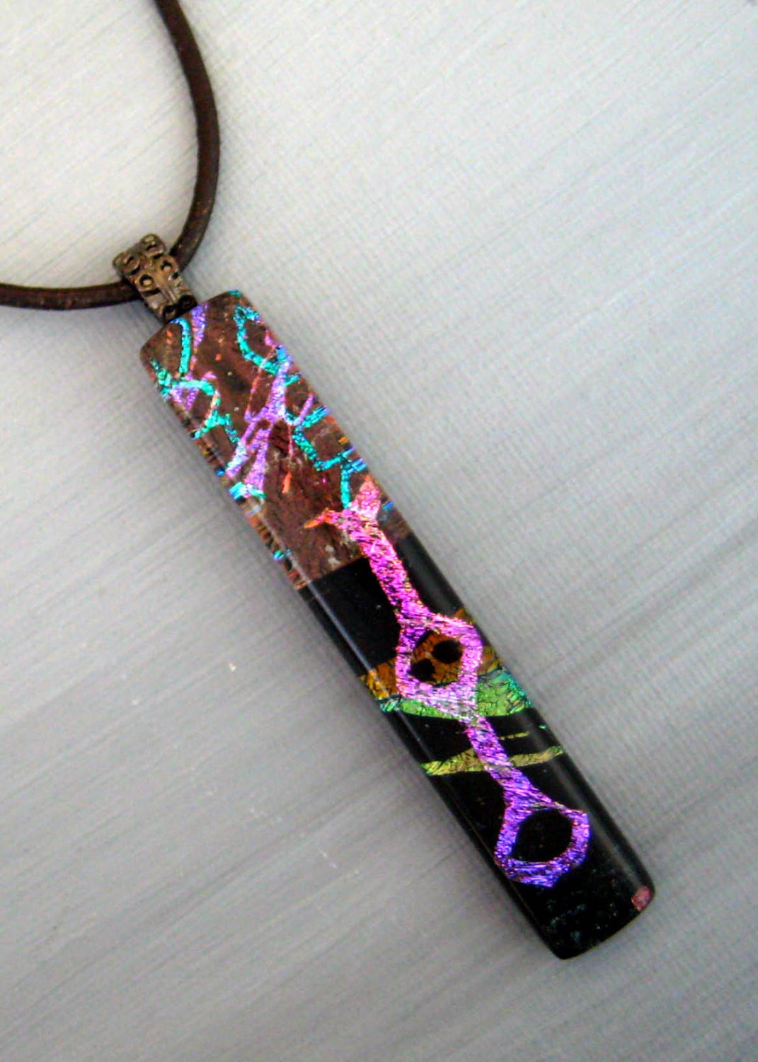 Narrow Glass Pendant,  Fused Glass Jewelry, Dichroic Jewlery, Dichroic Fused Glass Pendant - Long Glass Necklace