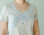 SALE - Small - Unicorn - womens vneck tshirt, blue on silver