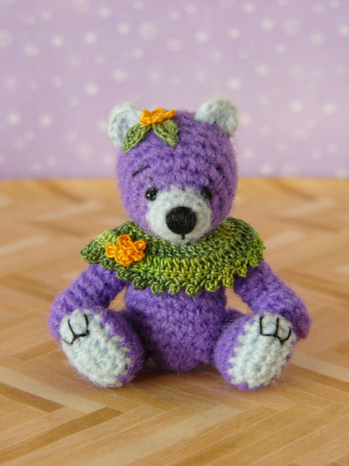 Muffa's - Miniature Crochet Thread Lavender Bear - Fully Jointed and Poseable
