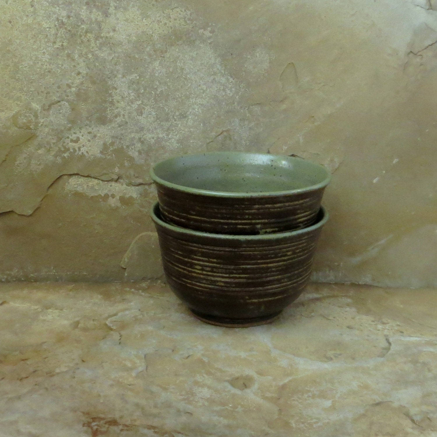 Burnt Iron Brown and Tea Leaf Green Handmade Stoneware Ceramic Pottery Bowl Set
