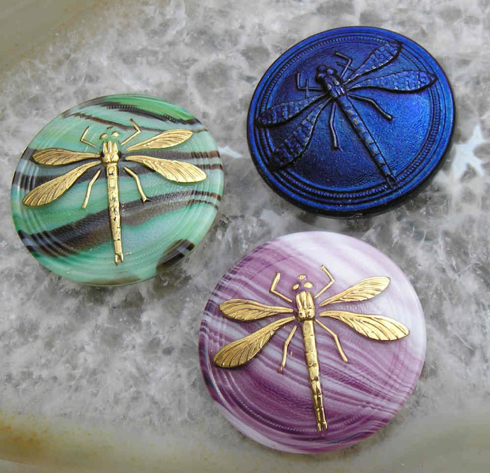 Three fine Czech glass dragonfly cabochons for filigree wrapping or collage..