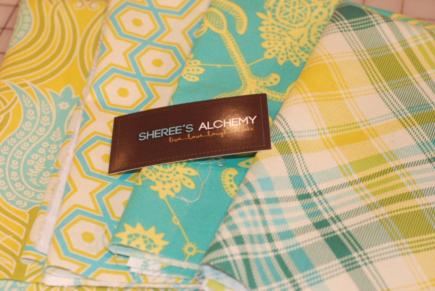 Floral and Geometric Plaid Modern Cotton Fat Quarter FQ Bundle 4 prints Turquoise Yellow Quilting Sewing Notting Hill Joel Dewberry