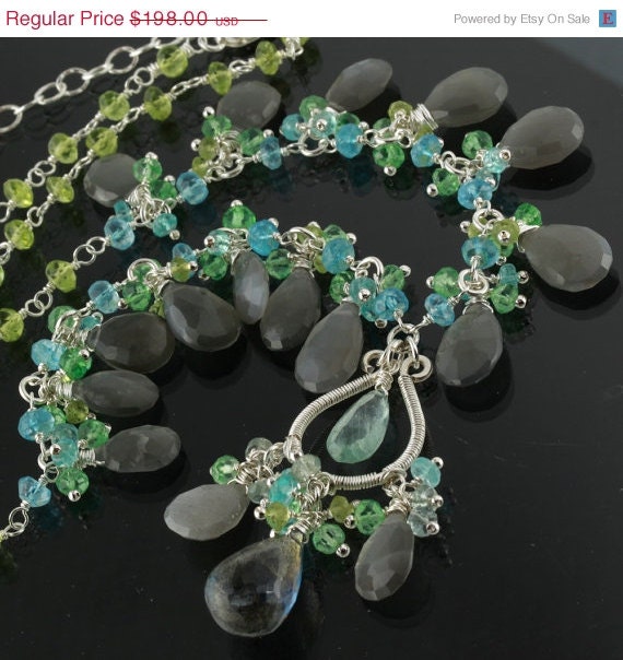 ON SALE - Grey Moonstone Labradorite  Peridot Apatite Quartz Chandelier Pendant Statement Necklace