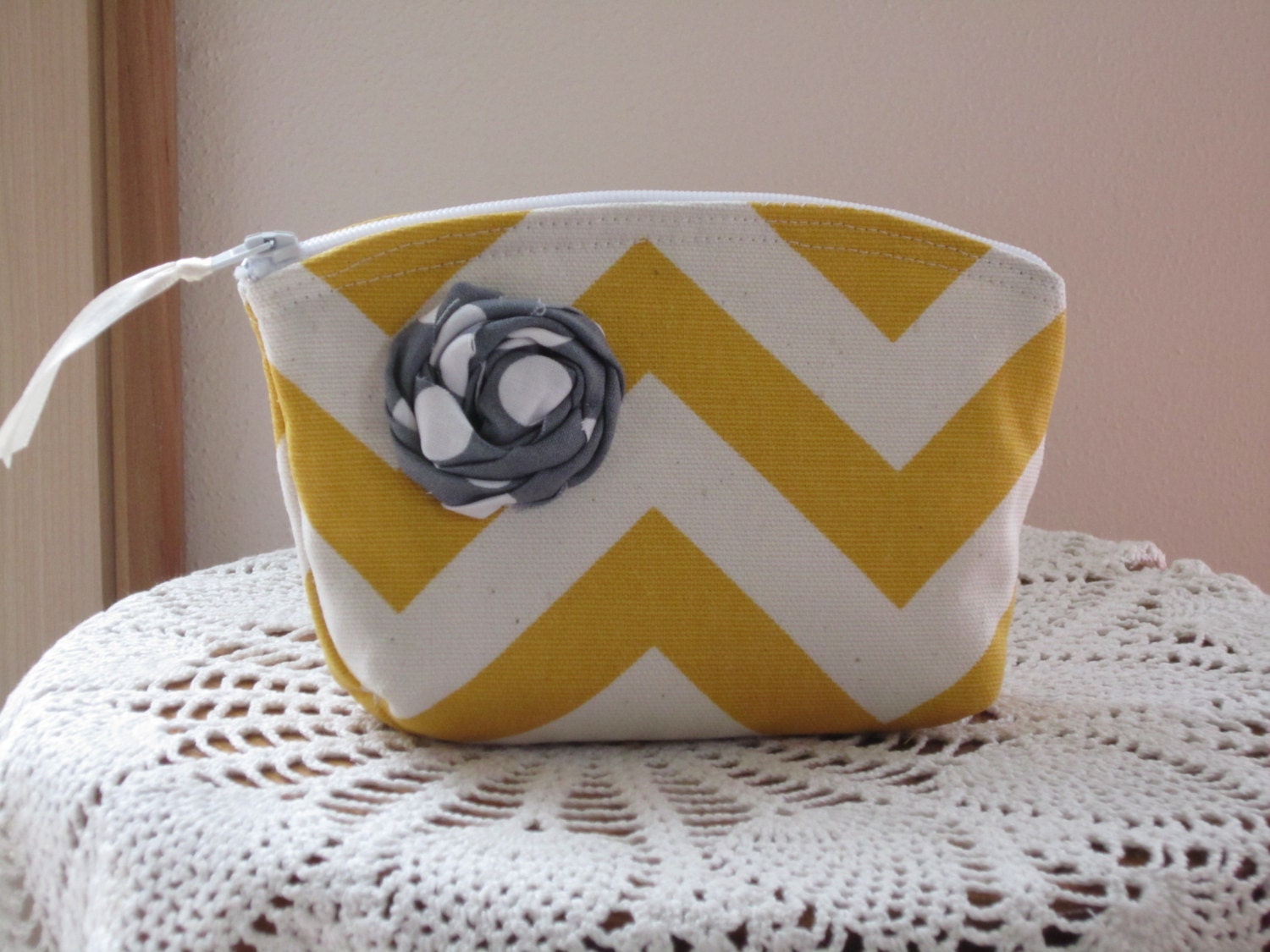 Bridal Bridesmaid Cosmetic Bag Clutch Zipper Purse Dots in Yellow and white Chevron with Rolled Fabric Accent Made in the USA