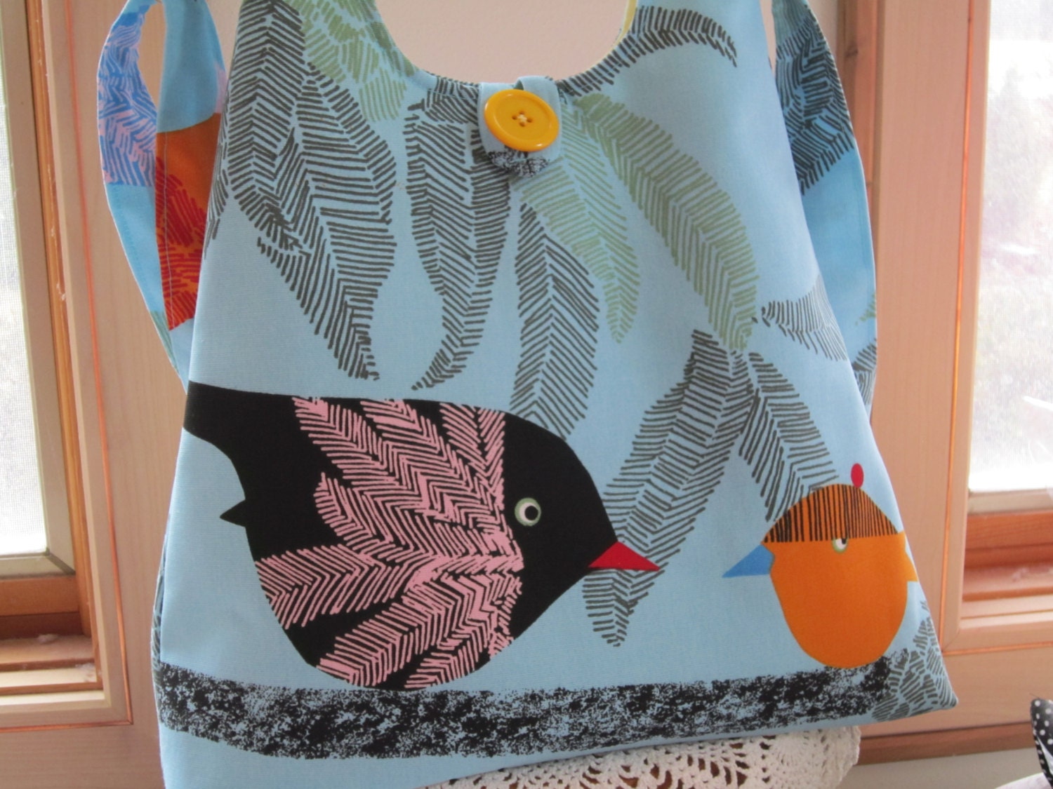 Market Bag Shoulder bag Adjustable Shoulder Strap IPad  Birds in Paradise Decorator Fabric Vintage Button