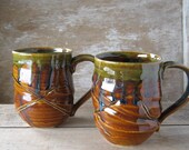 Pair of Extra Large Warm Reddish Brown and  Green Ash Mugs,  20 oz Coffee Cups, Two Big Mugs, Ready to Ship