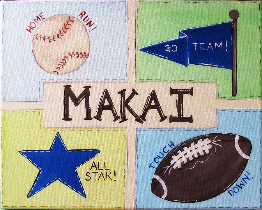 boys sports 11x14" canvas football baseball soccer  personalized art painting for kids rooms boys wall art sports