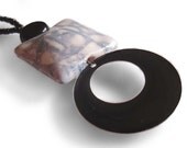 Black White Necklace:  polymer clay, silk dyed, pillow bead, glass beads, upcycled enamel pendant.