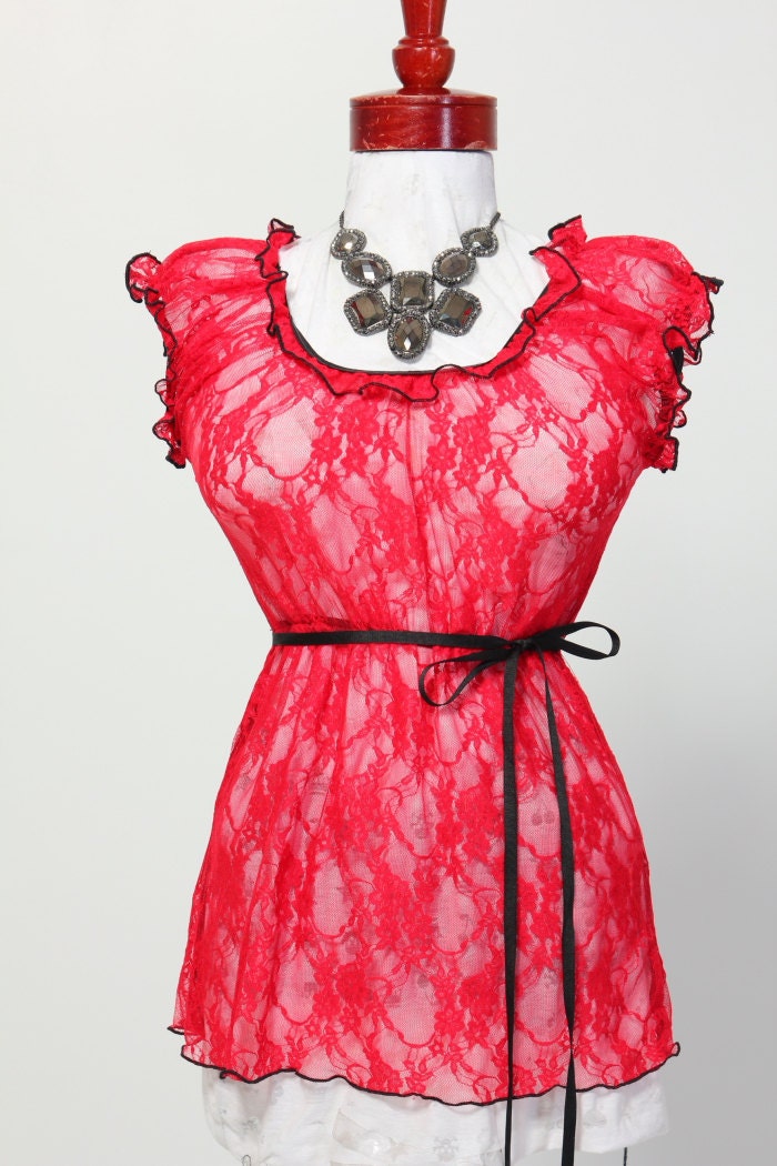 Size Small Red Lace Blouse - Fits Bust Measurement of 32 to 38 inches