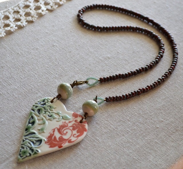 Porcelain Heart Necklace with Ceramic rounds and Glass seed beads
