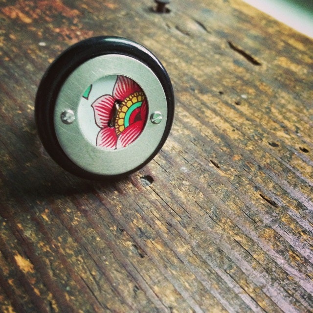 Nickel and Red Floral Button Adjustable Ring