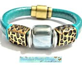 Leather Bracelet Beaded Cuff, Regaliz Greek licorice leather, Brass  Blue Gray and Teal  PICK YOUr SIZe  Grad Graduation class of 2013