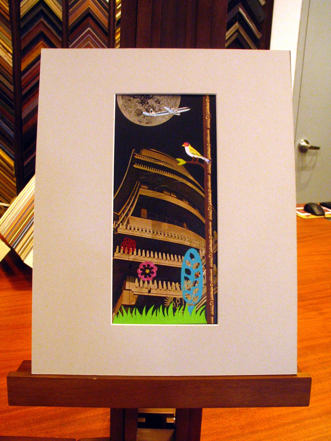 Moon and Bird Original Collage-11x14 Mat-Ready to Frame