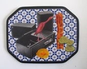 SALE-Original Vintage Stereo & Bird w/Bacon Collage on Wood