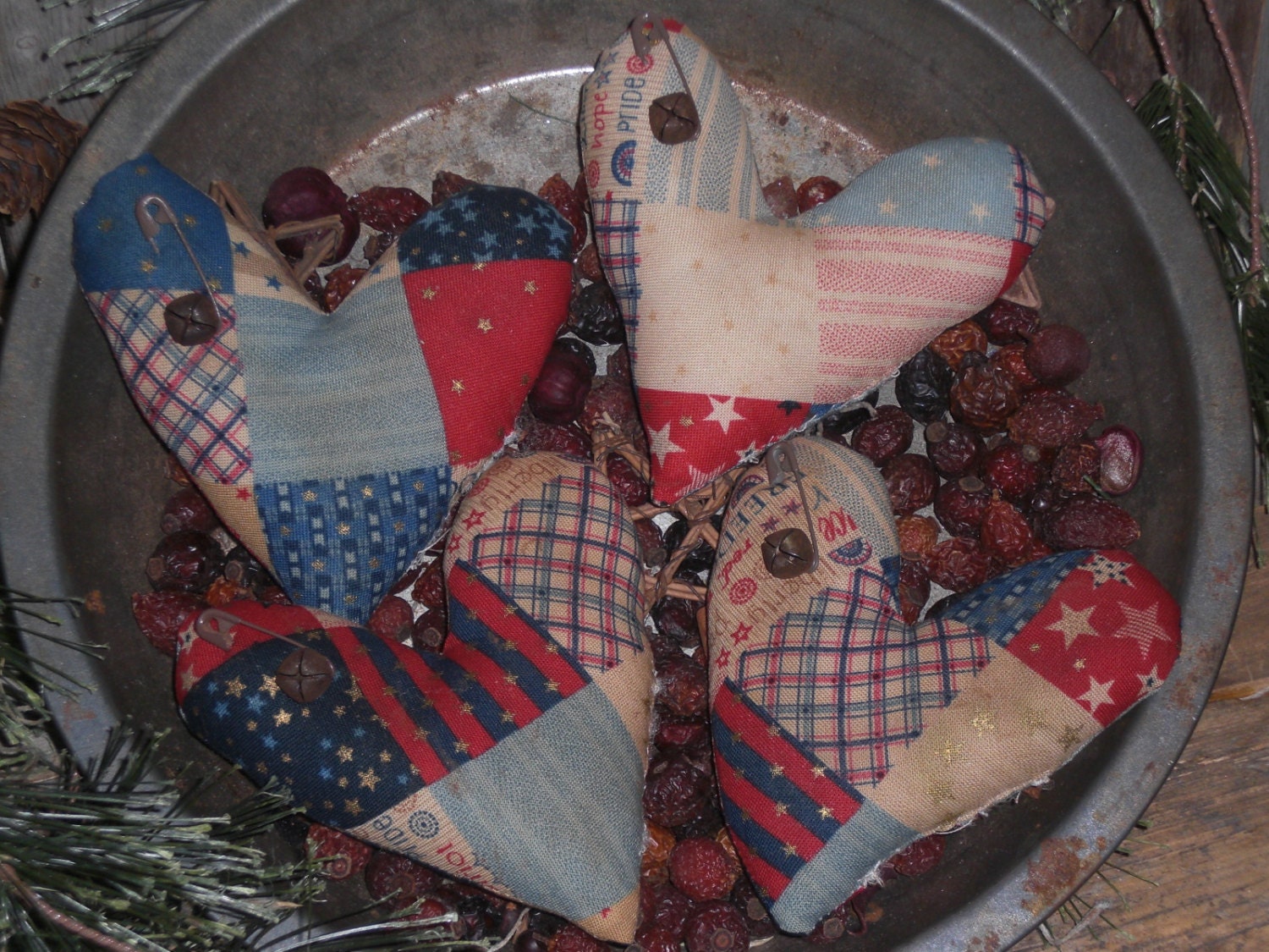 4 Primitive Patriotic Americana Red White and Blue July 4 Fabric Heart Pillows Bowl Fillers Ornies Ornaments Tucks