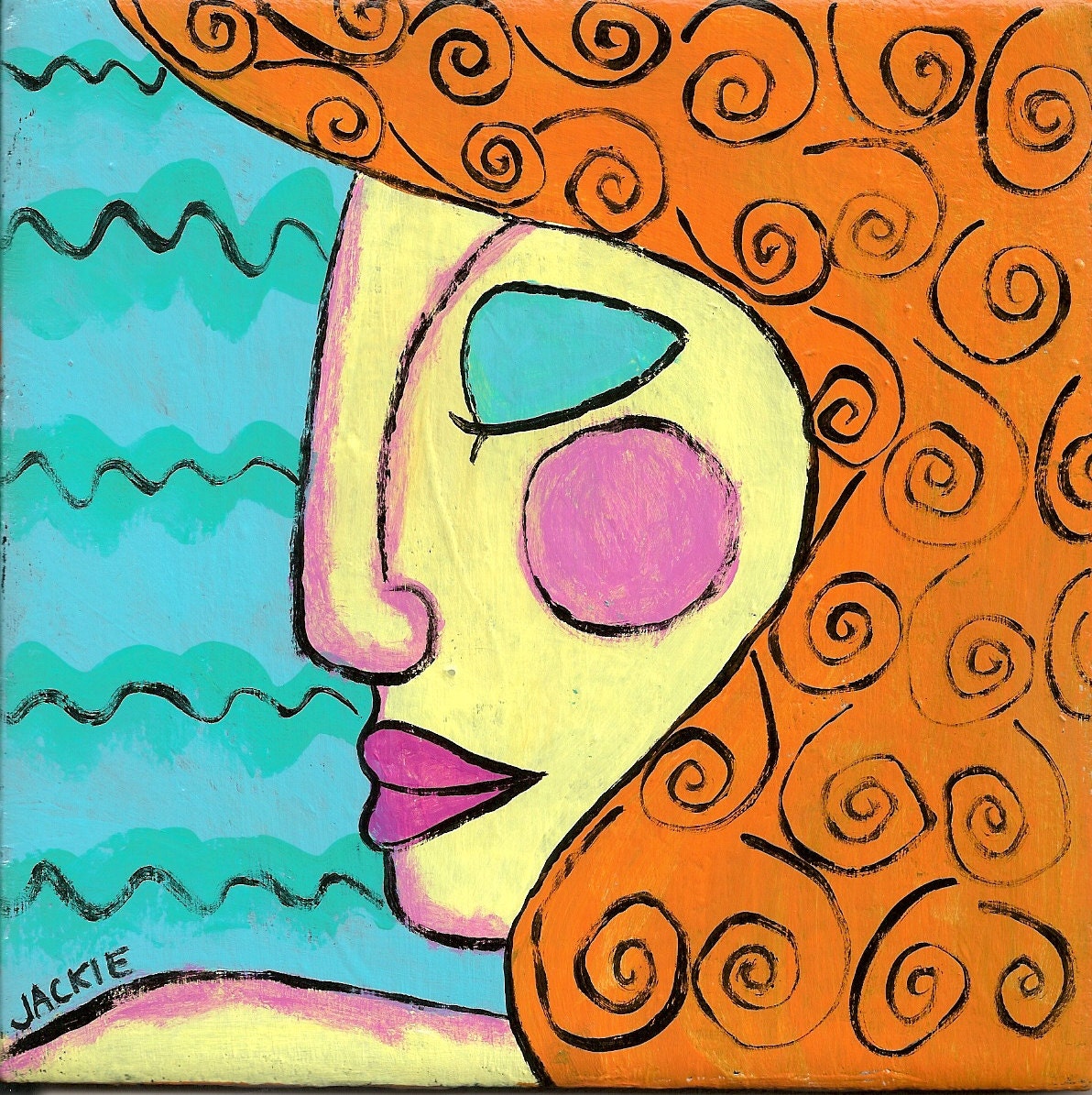 Hand Painted Ceramic Art Tile Woman with Curly Blonde Hair