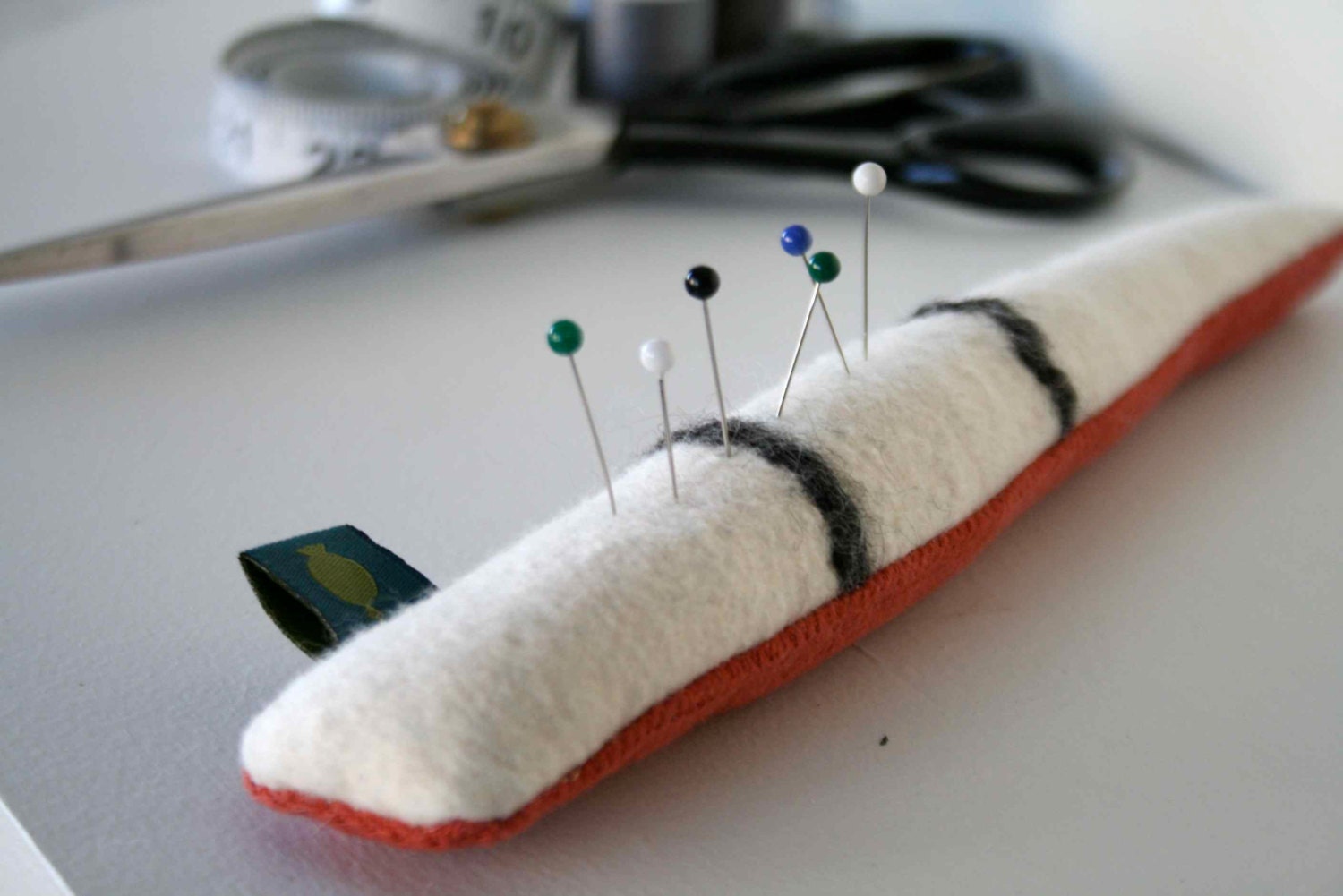 Pincushion - Hand Felted Merino Wool - Cream and Charcoal Lines