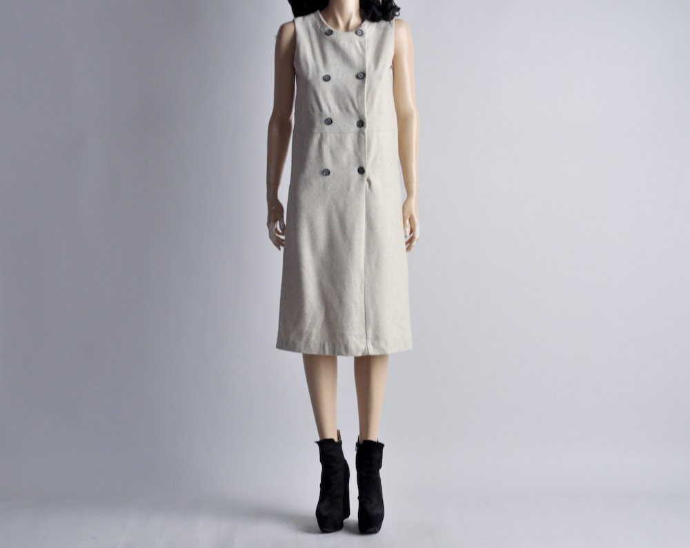 minimalist sleeveless beige wool midi shift dress / s