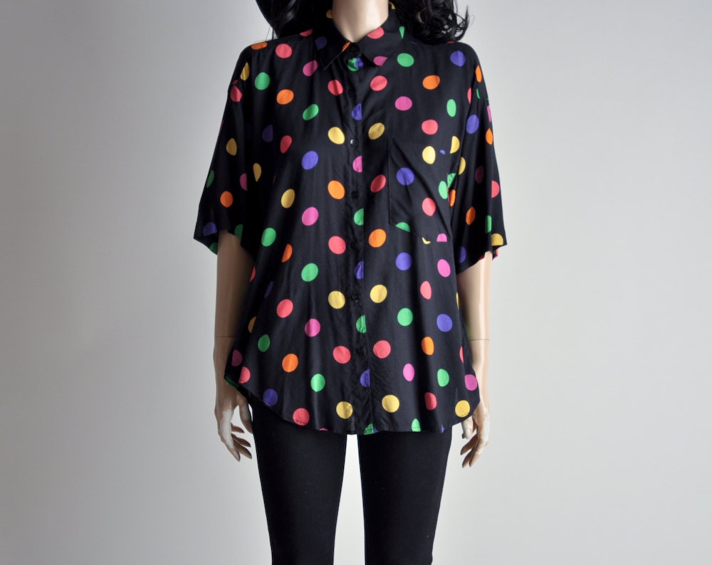 80s black and multicolor polka dot slouchy top / s / m
