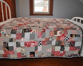 Farmhouse Quilt.  Black and Red Single Quilt or Large Throw. Charming