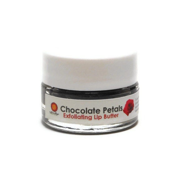 Chocolate Petals Exfoliating Lip Butter - Organic Moisturizing Lip Scrub with Raw Cacao, Rose Petals and Bamboo. All Natural and Vegan.