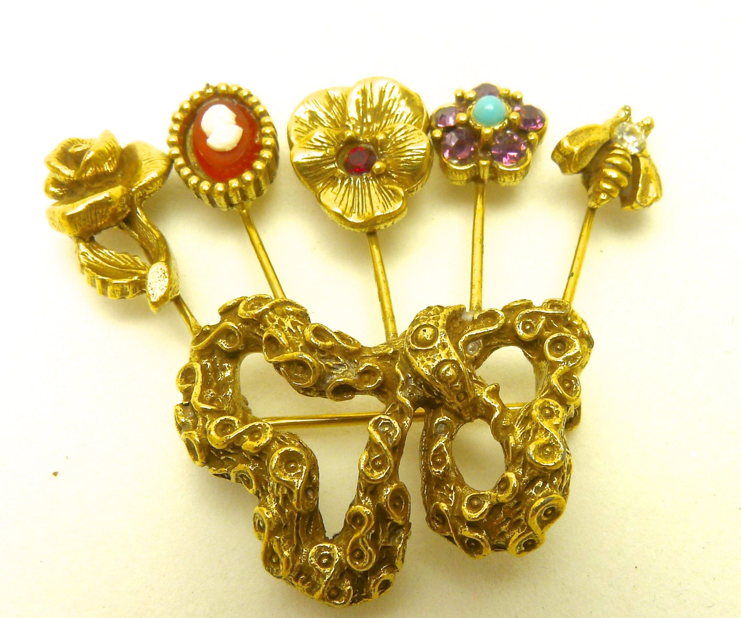 Vintage 50s Multi Stick Pin Brooch Cameo Rhinestone Turquoise Bee