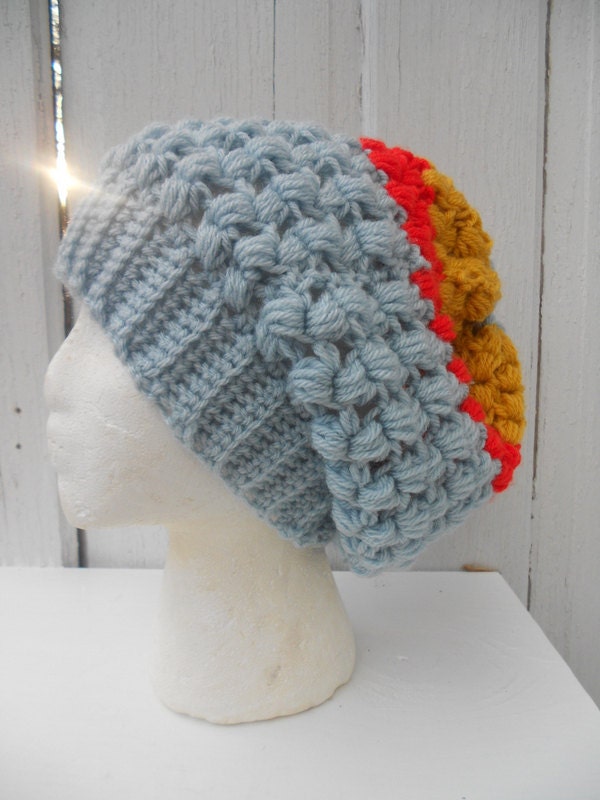 Slouch Tam Blue Orange Honey Yellow Bobble Beret Stripe Hat M L