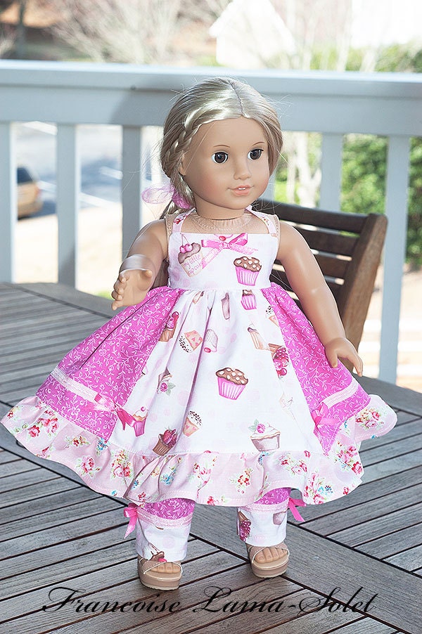 American Girl Doll Clothes apron twirl dress and pants 18" doll style - Cupcake