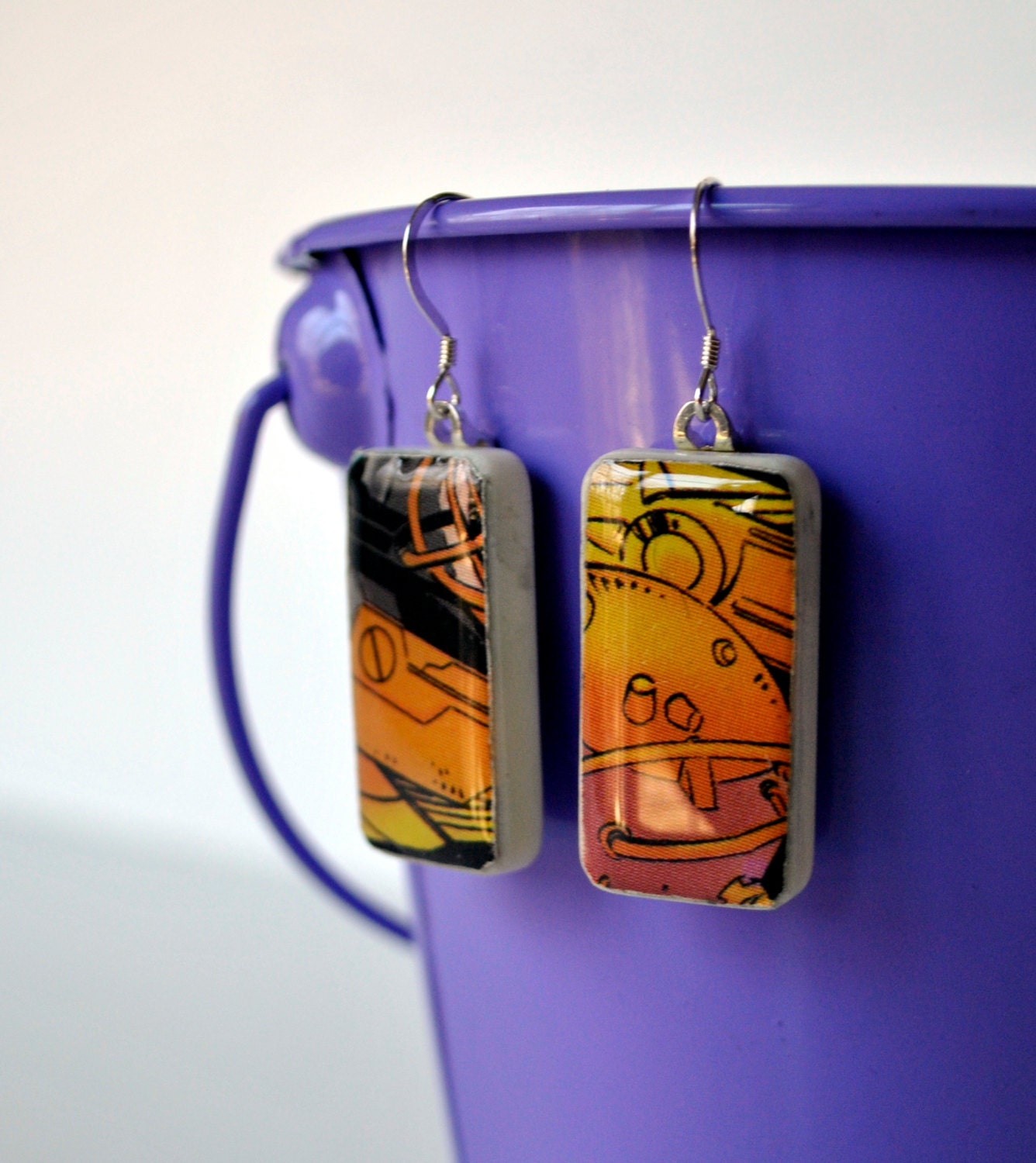Mini Domino Earrings - Yellow Recycled Comic Book Earrings - Game Piece Jewelry