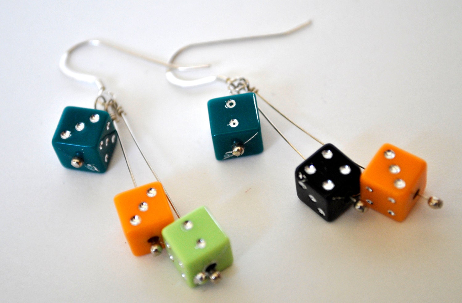 Dangling Dice Earrings - Green, Black, and Orange - Six by Six