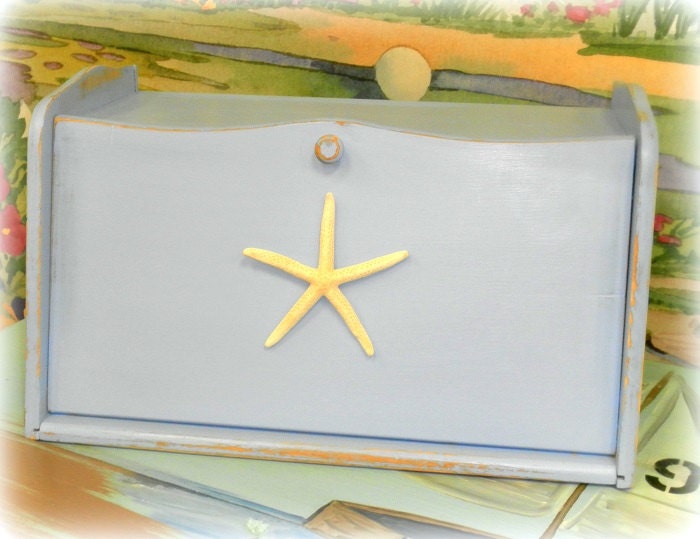 Shabby Chic Beach Cottage Blue Bread Box - Upcycled Kitchen Decor - Free Shipping