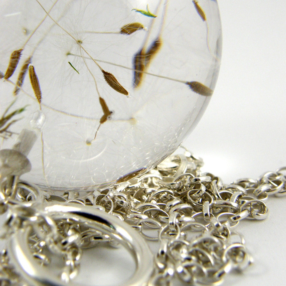 Bridal Dandelion Seeds Resin and Silver Necklace, Big Dandelion Seeds Pendant with a Long Chain