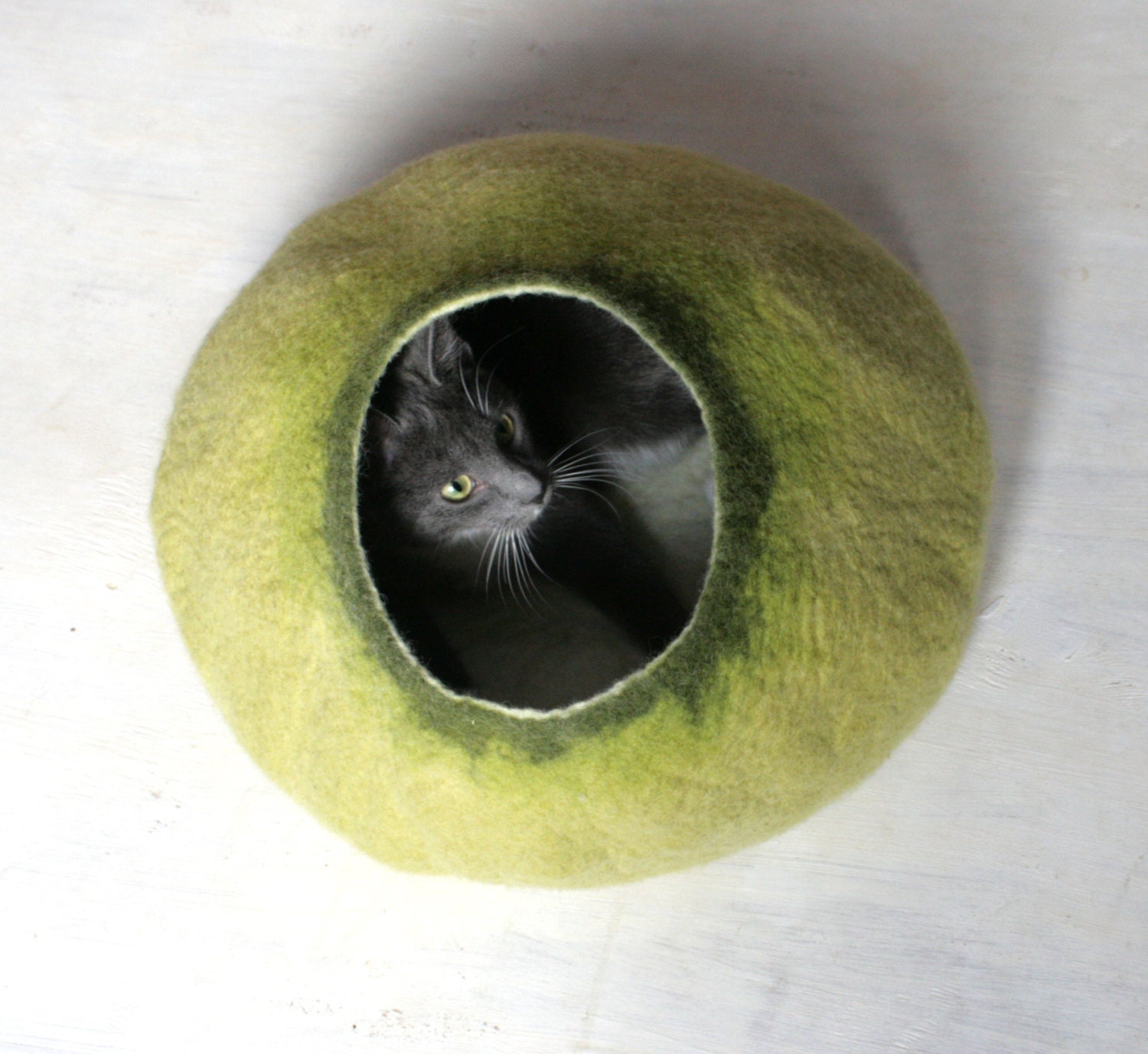 Cat Cave / Bed / House / Vessel - Hand Felted Wool - Light Green Bubble - Crisp Contemporary Design - READY TO SHIP