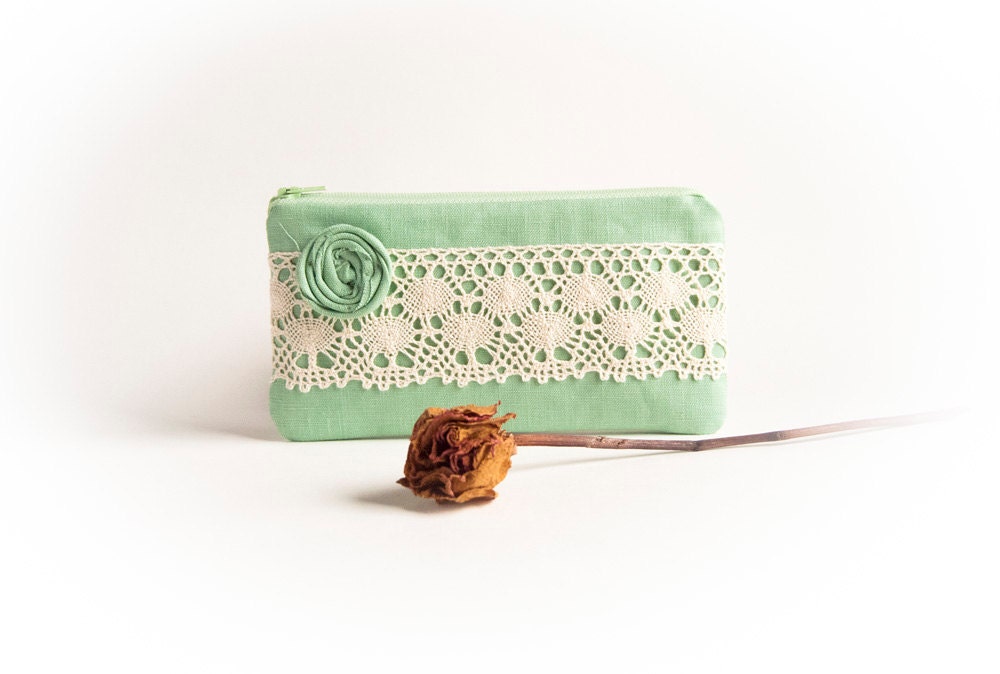 Zippered Pouch Bridal Party Gift clutch Bridesmaid Gift Idea Mint Green Rosette  Lace Rose Wedding clutch, purse, pouch by Lolos