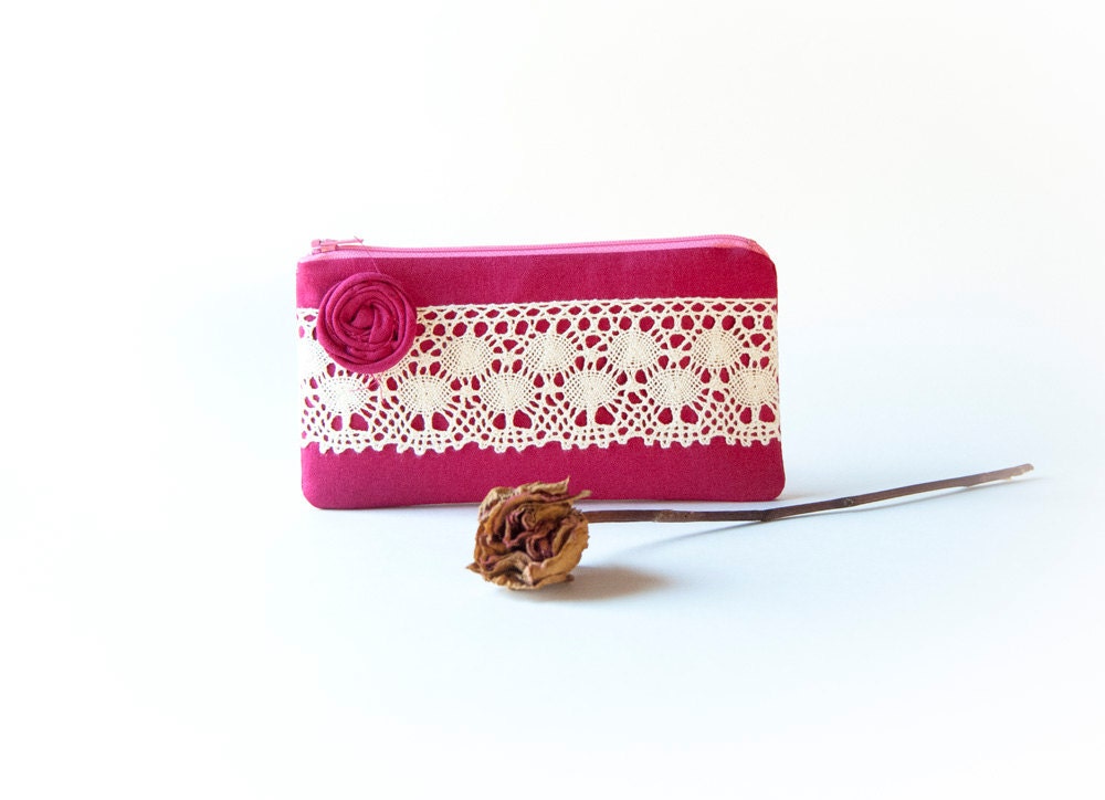 Zippered Pouch Bridal Party Gift clutch Bridesmaid Gift Idea Pink Fucshia Rosette Lace Rose Wedding clutch, purse, pouch by Lolos