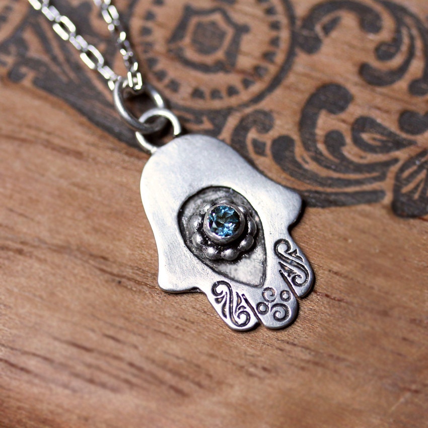 Hamsa necklace - blue topaz - hand of fatima - mandala necklace - protection evil eye - silver hand - amulet