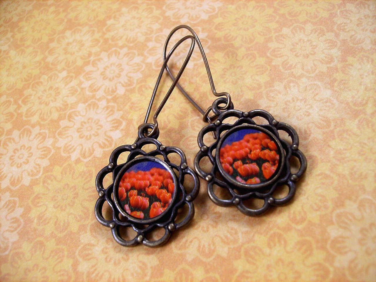 Flower Earrings, Red Poppy Fields, Brass Filigree Dangle Earrings, FREE Shipping U.S.