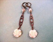 Flower Earrings, Creamy White Friendship Rose, Cabochon and Brass, Long Dangle Earrings, FREE Shipping U.S.