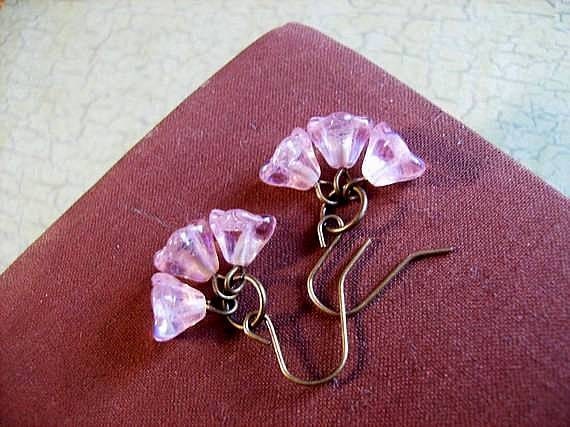 Flower Earrings Peach Blossoms and Brass Dangle Earrings, FREE Shipping U.S.