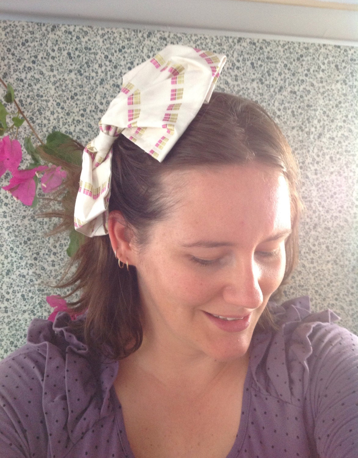 Pink and Green silk bow accessory for clothing or your hair