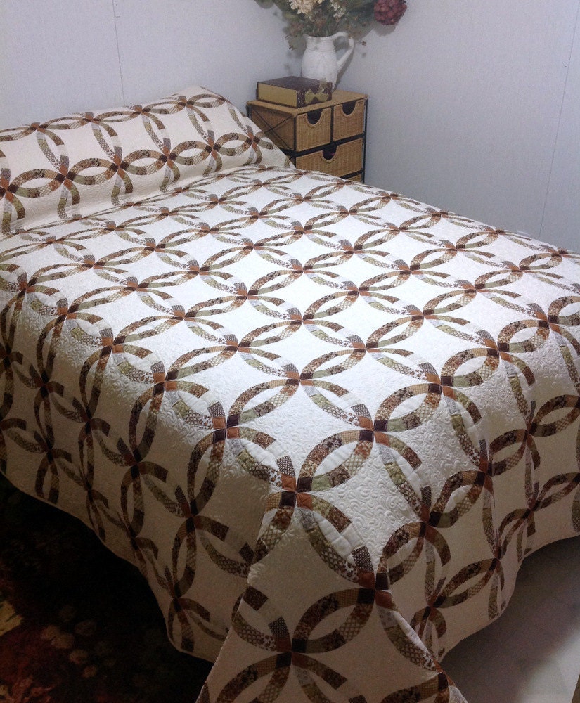 Bed Quilt Wholecloth Queen Double Wedding Ring 100" x 102" MADE TO ORDER