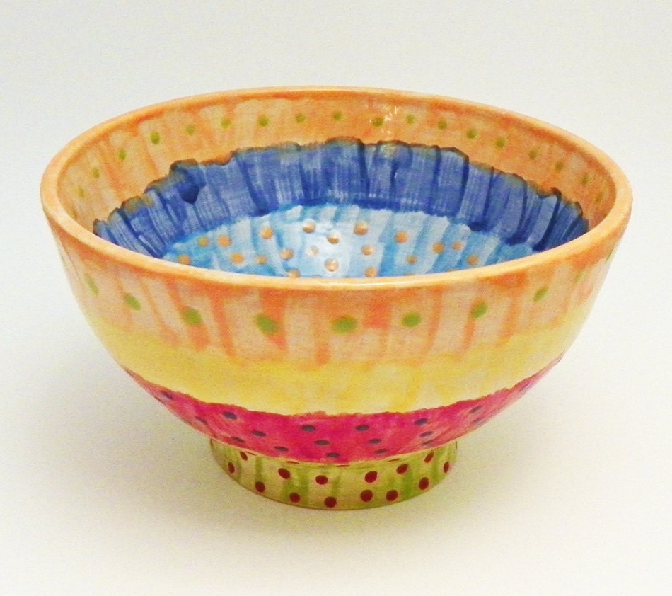 Ceramic Bowl Handmade Striped and Dotted Ready to Ship Cha Cha Cha