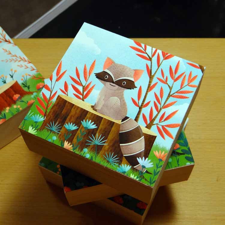 raccoon  wall art- Woodland Friends Raccoon Mounted Print 4 x 4  - animal forest kids art box