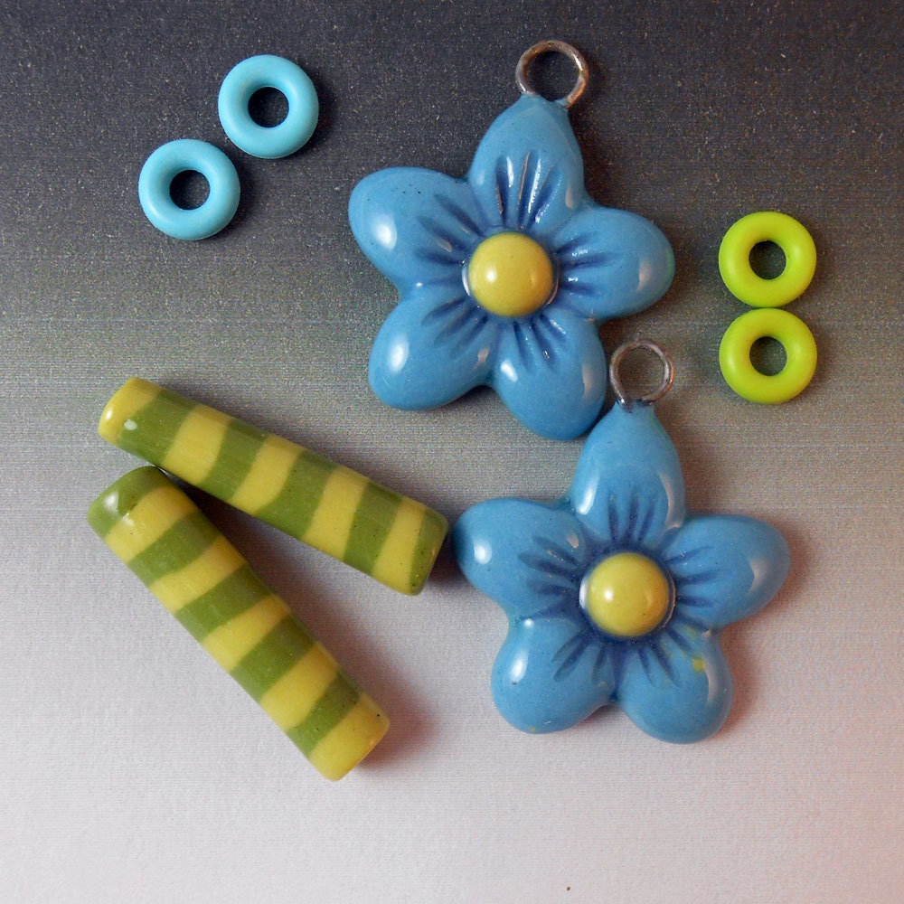 Flower Power Earring Kit - Handmade Ceramic Flower Charms and Striped Tube Beads